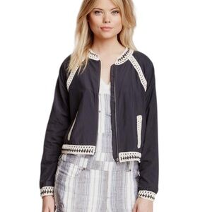 Free People Gray Blue & Cream Crochet Trimmed Cropped Bomber Varsity Jacket - XS